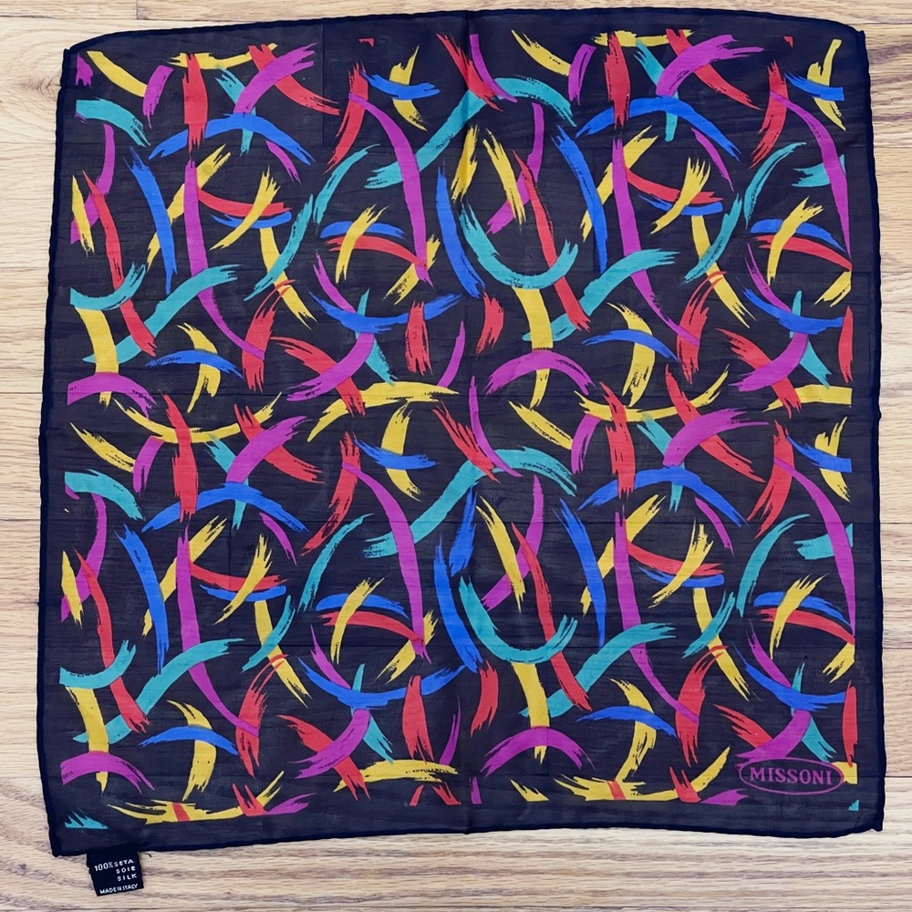 Missoni Black Colorful Silk Scarf Handkerchief 15” Made in Italy